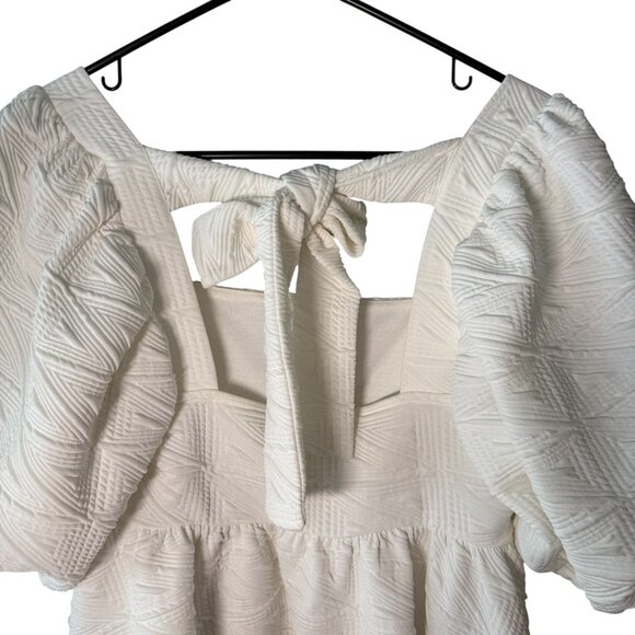Free People White Textured Puff Sleeve Dress With Bow Tie Back Womens Size Small - Picture 4 of 8